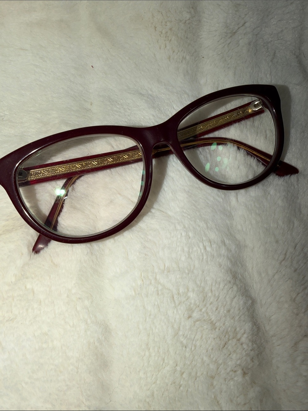 Authentic Women's Gucci Burgundy Cat-Eye Glasses with Gold Temples